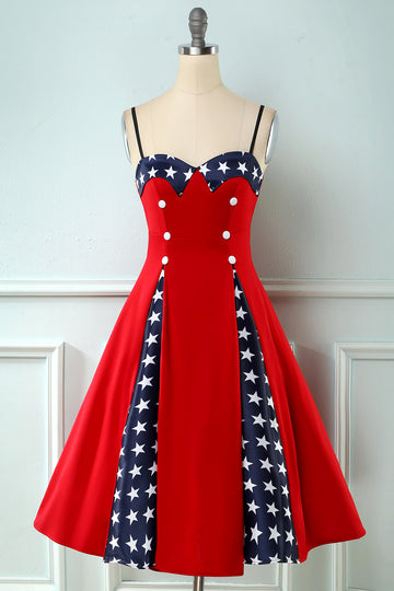 Vestido de estrela de patchwork vermelho impresso vintage de 1950